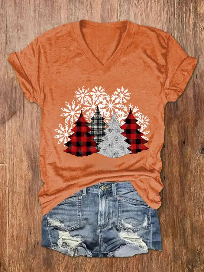 Women's Check   Tree Print V-Neck T-Shirt