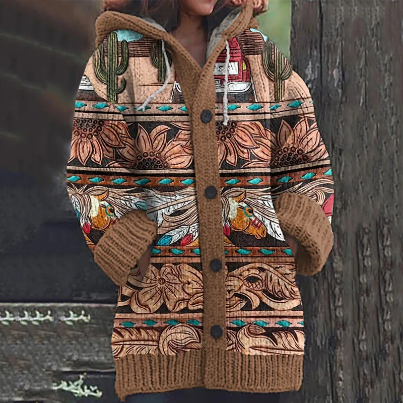 Vintage Western Multi-Elementt Pattern Knitted Hooded Cardigan