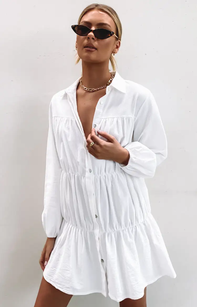 Theodossia Tiered Long Sleeve Dress White