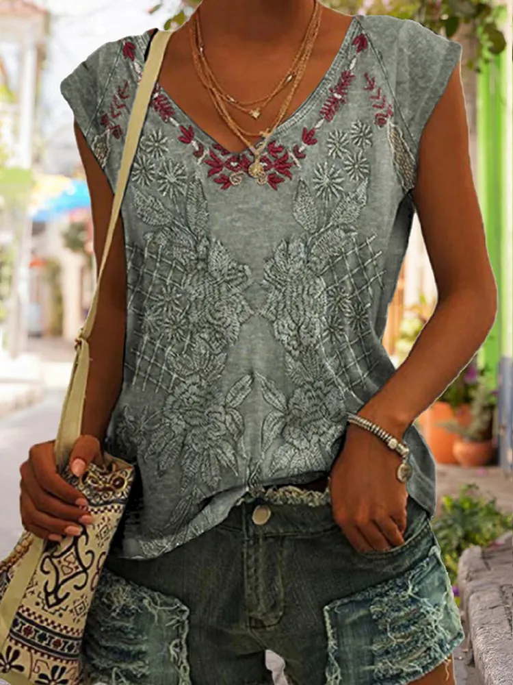 Women's Tribal Printed Casual V Neck Tank Top