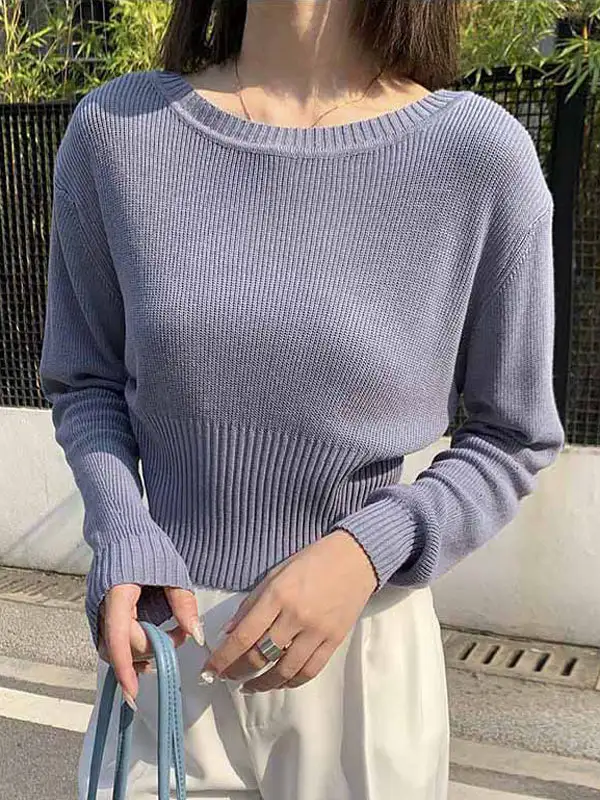 Simple Solid Color Round-Neck Long Sleeves Knitwear