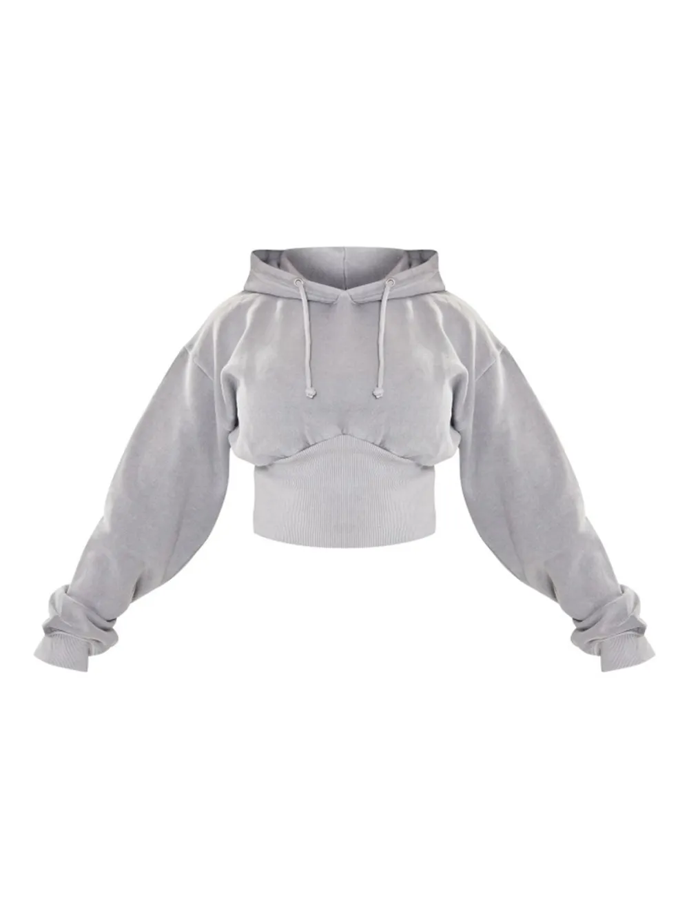 Light Grey Sweat Cropped Shirred Waist Hoodie