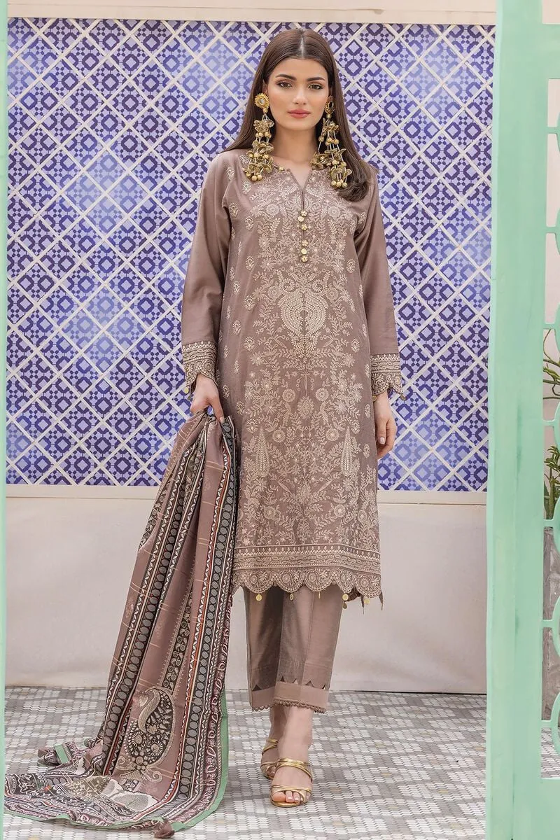 3 Piece Kurta Embroidered | Dupatta& Bottom & Tops | Color Gray Purple