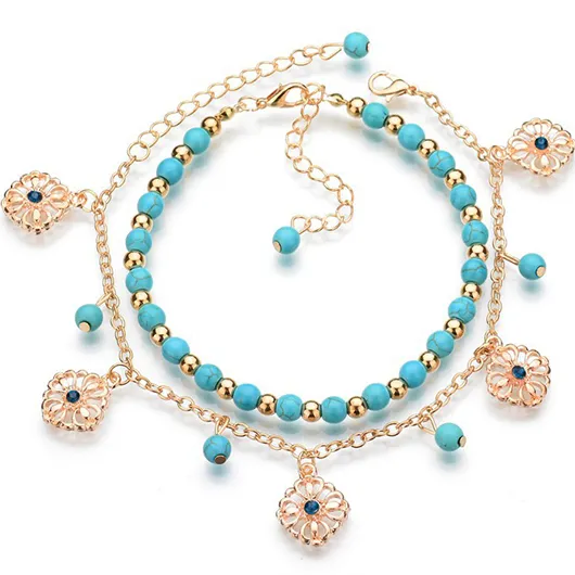 Cutout Floral Design Turquoise Alloy Anklet Set