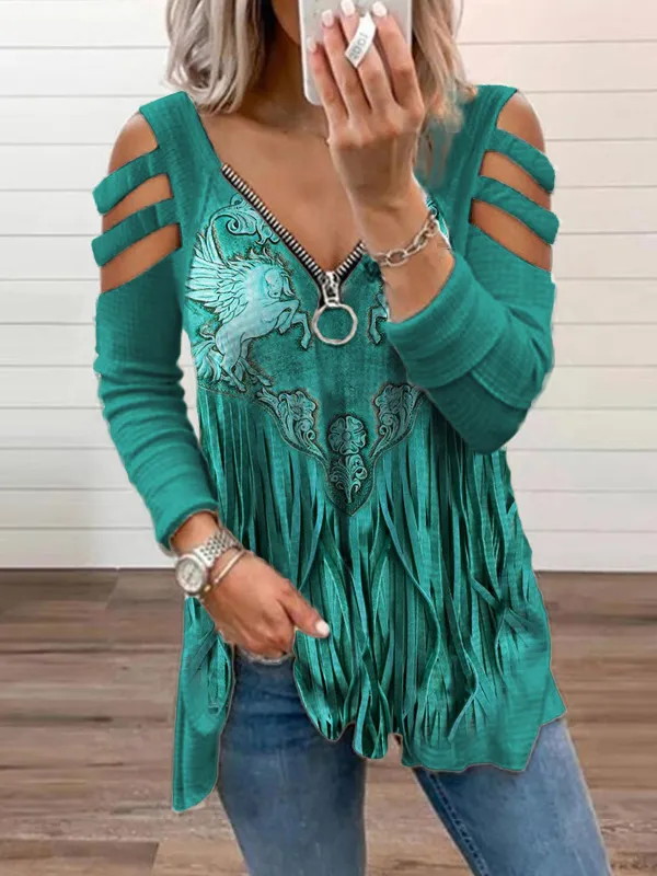 Horses Floral Carved Tassels Hollow Shoulder T Shirt