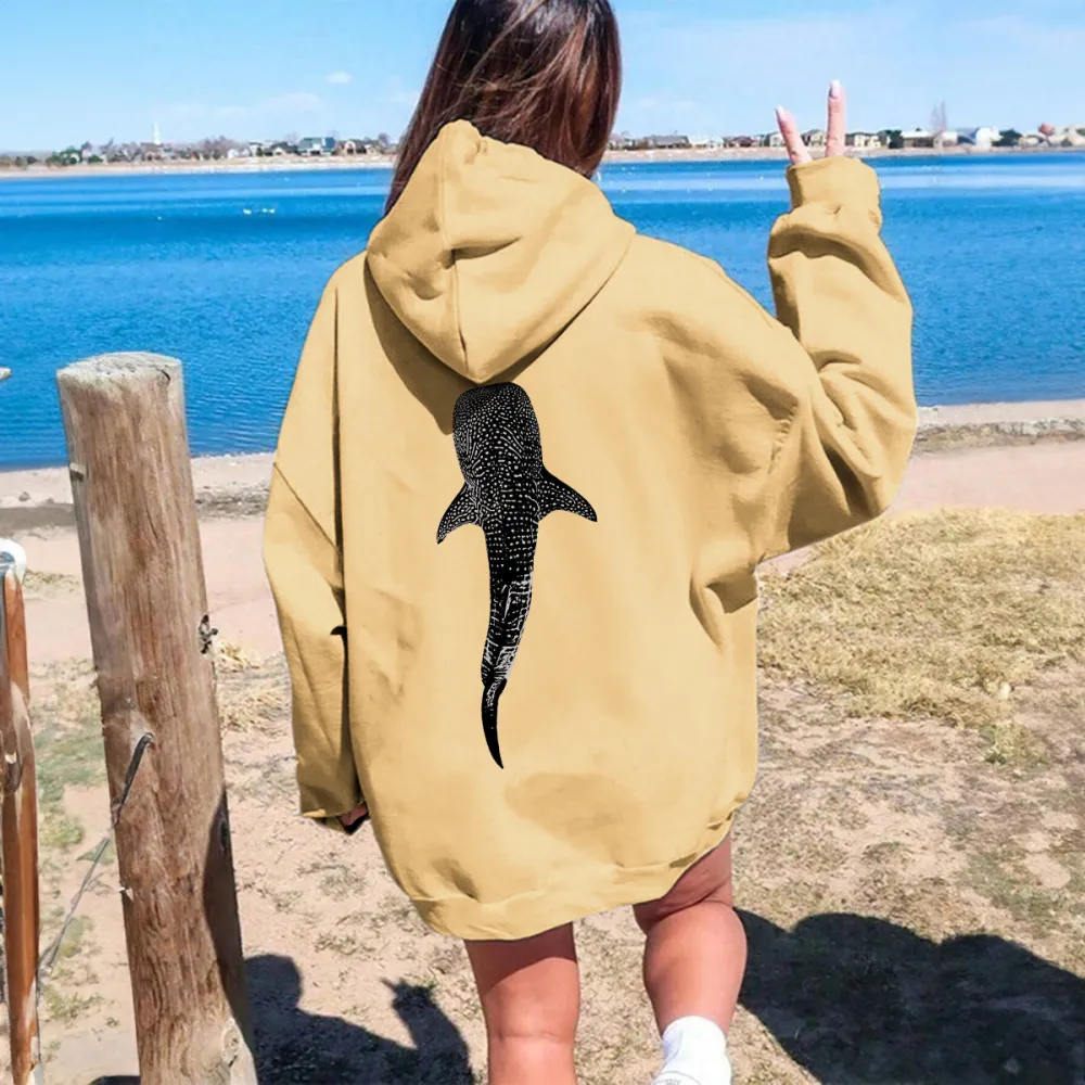 OCEAN WHALE PATTERN PRINTED HOODIE