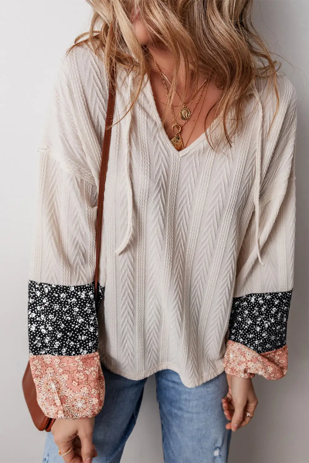 Beige Floral Patchwork Textured Drawstring V Neck Top