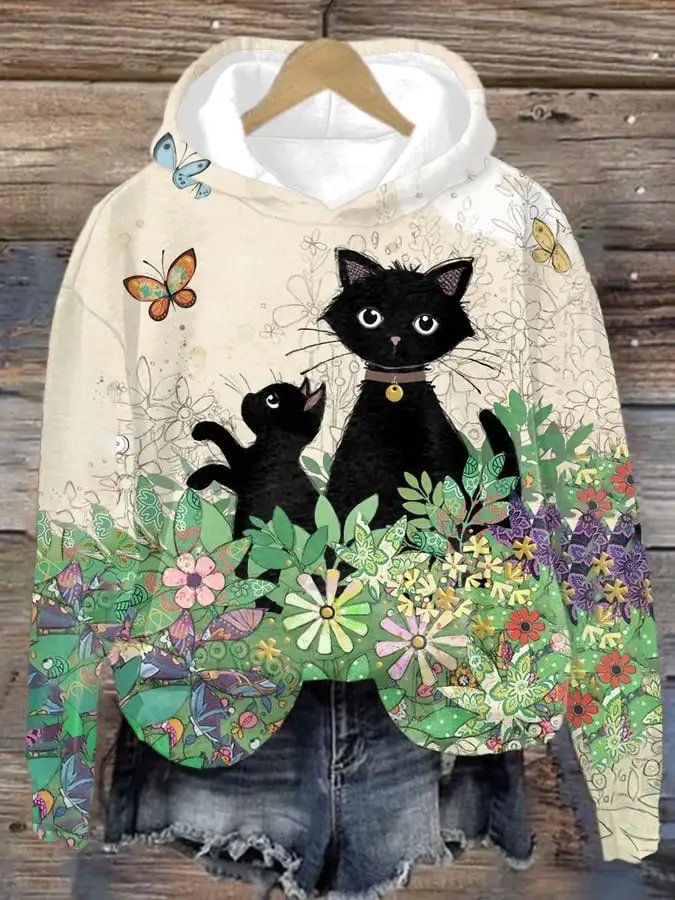 Women's Vintage Cat Casual Printed Long Sleeve Hoodie