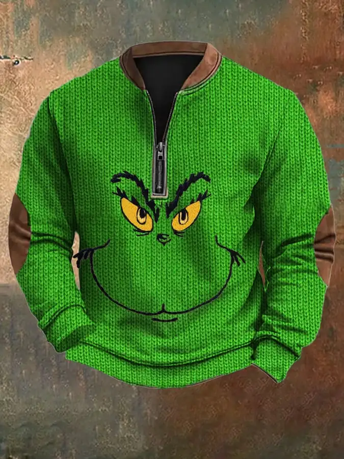 Men's Woolen Christmas Print Zip-Up Sweatshirt