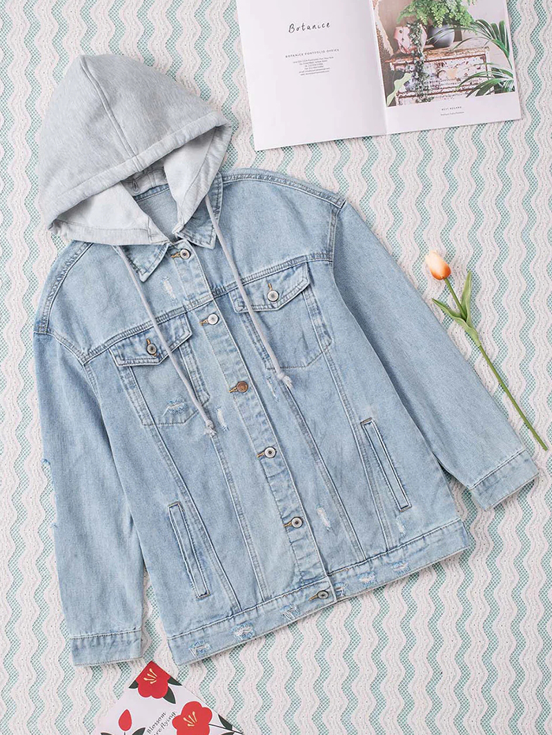 Casual solid color patchwork hooded denim jacket