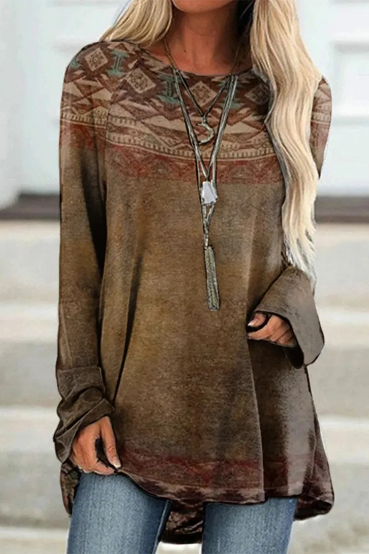 Western Round Neck Geometry Printed Color Block Long Sleeve Tunic