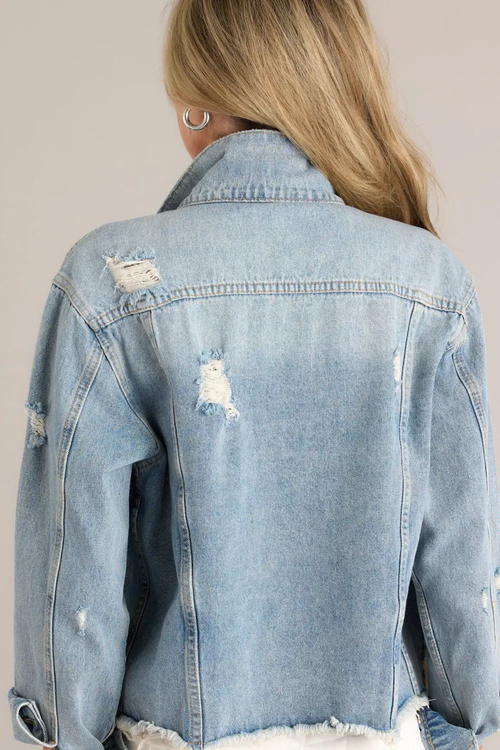 DARING IN THIS MEDIUM WASH DISTRESSED DENIM JACKET