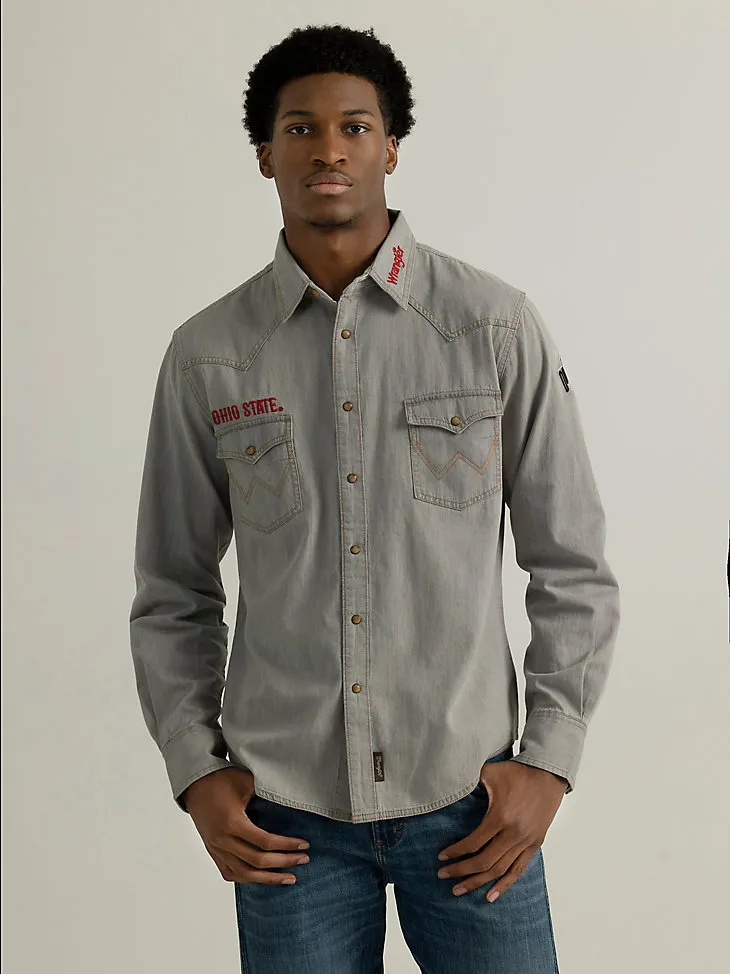 MEN'S WRANGLER COLLEGIATE COWBOY CUT WESTERN SNAP SHIRT IN UNIVERSITY OF TEXAS