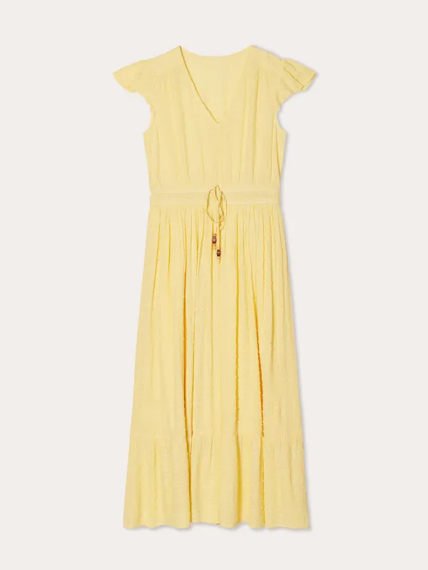 Robe longue évasée col en V jaune clair femme