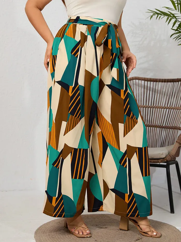 Plus Geometric Elastic Waist Tie Front Wide Leg Pants