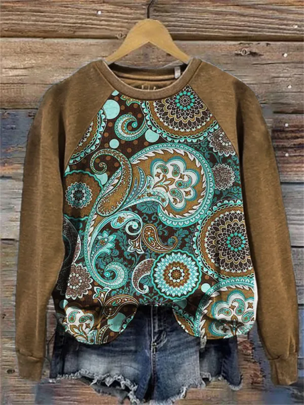 Western Ethnic Paisley Pattern Contrast Raglan Sweatshirt