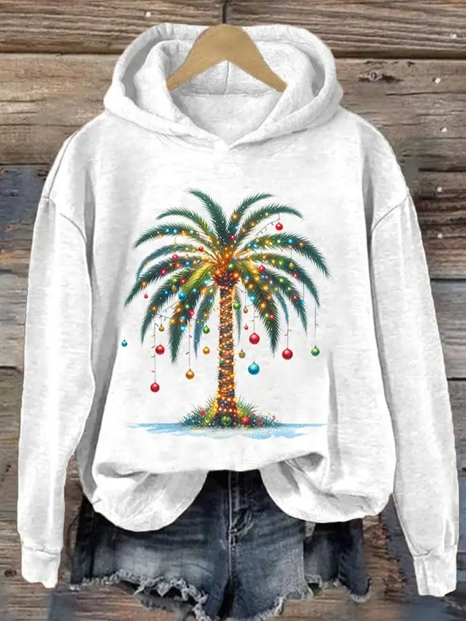 Women's Christmas Palm Tree Printed Casual Hoodie