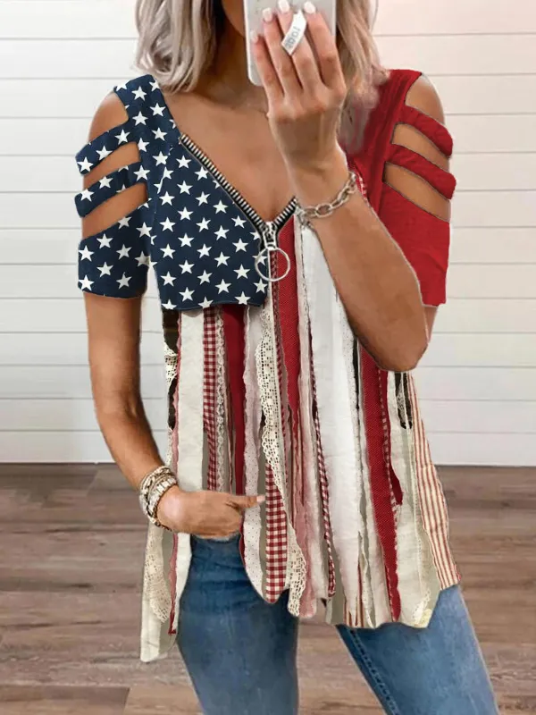 Boho American Flag Lace Fringe Fiber Art T Shirt