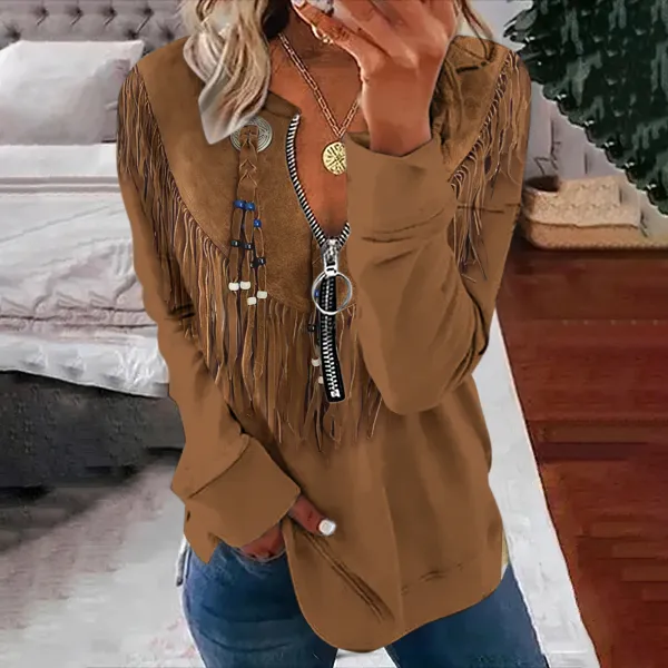 Women's Western Tassels Leather Art Zipper Casual Sweatshirt