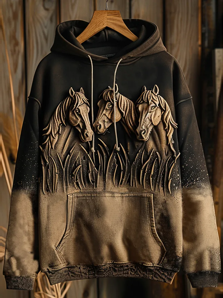 Western Horse Print Casual Hoodie