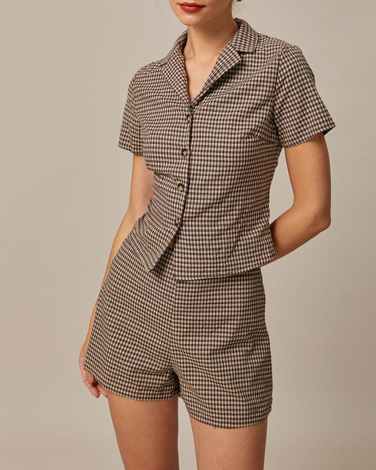 The Brown Lapel Plaid Short Sleeve Blouse