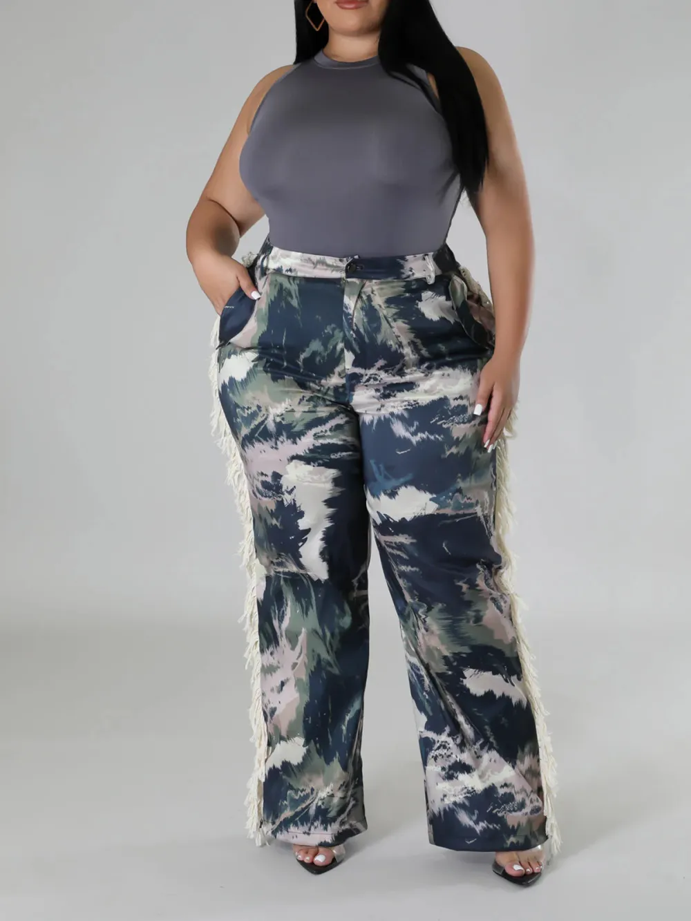 Plus-Size Fashion Women'S Camouflage Pattern Fringe Pants