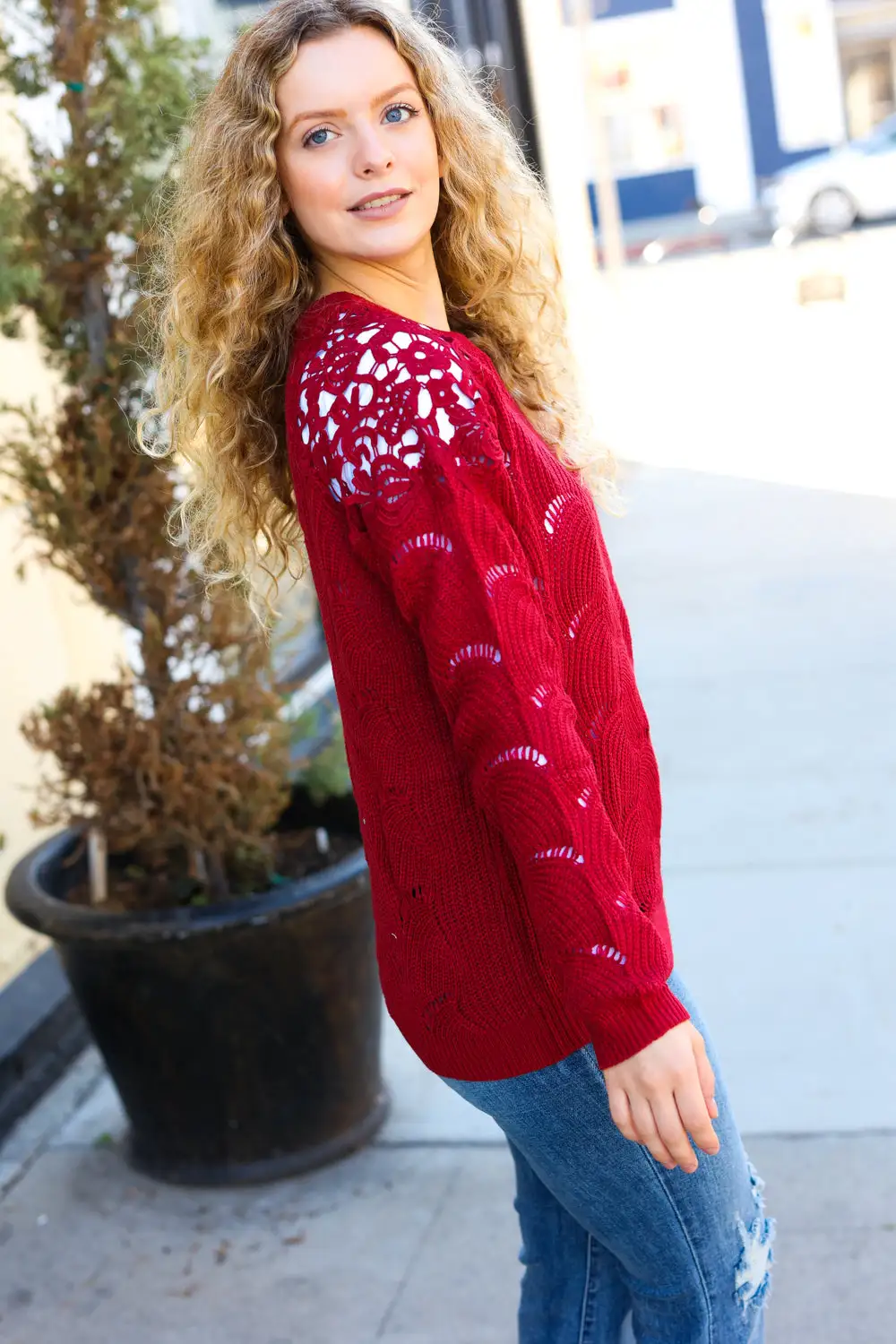 Holiday Casual Chic Burgundy Pointelle Lace Shoulder Knit Sweater