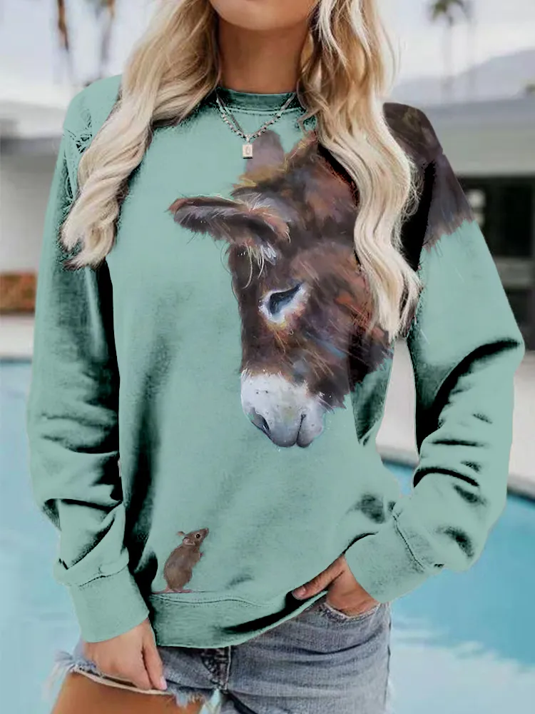 Donkey and Mouse Pattern Crew Neck Comfy Sweatshirt