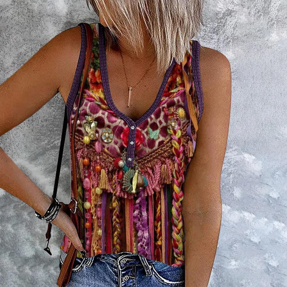 Western Tribal Leopard Print Button Up Casual Tank Top