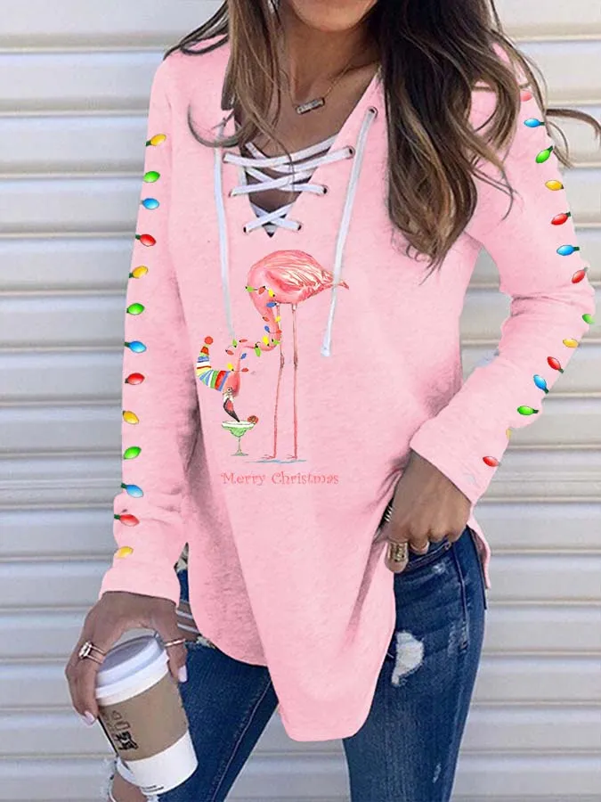 Women's Merry   Flamingo Print V-Neck Long-Sleeve T-Shirt