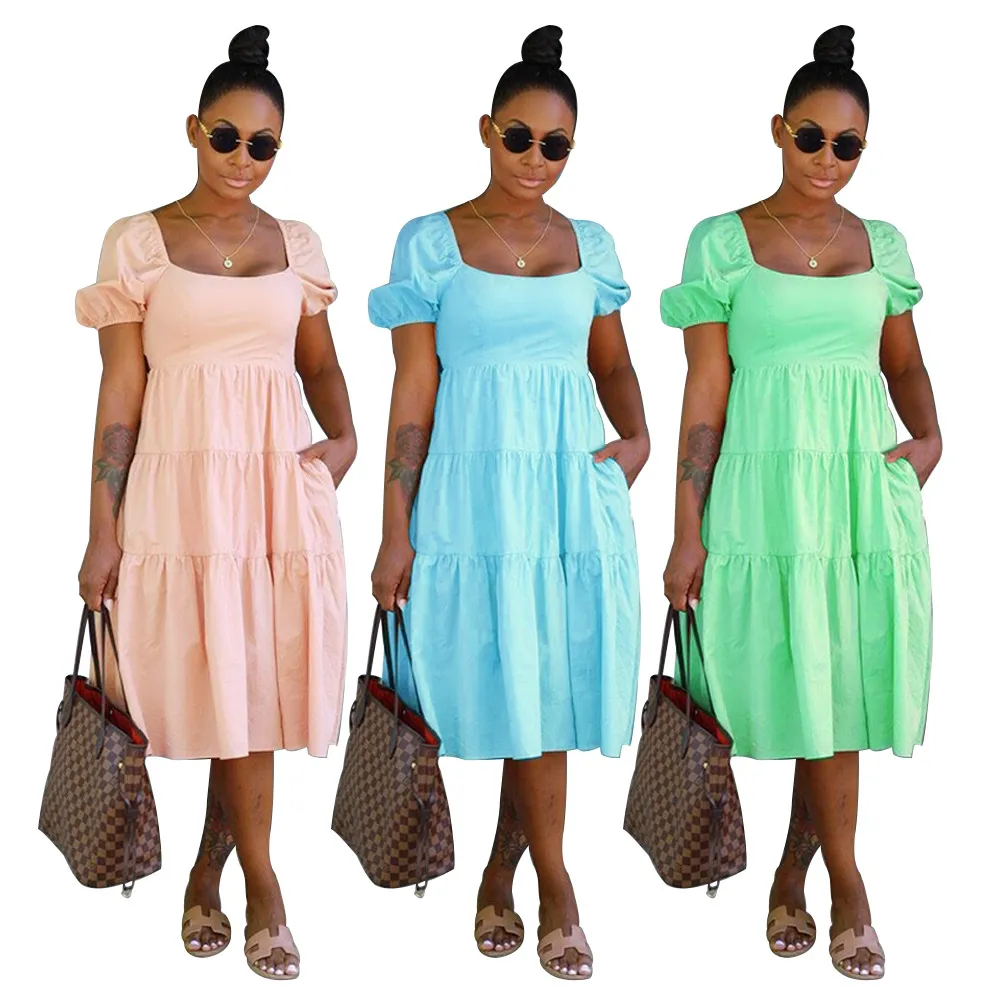 Women Summer  Lace-Up  Short Sleeve With Backside Bow Knot Midi Dress