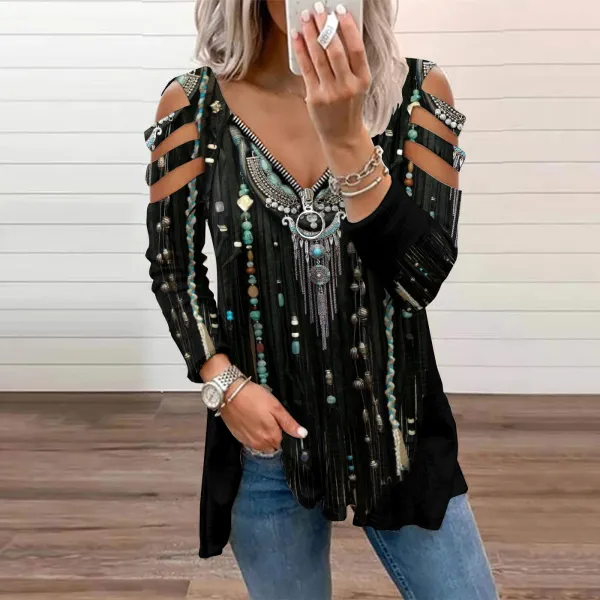 Western Tribal Tassels Printed Hollow Out T-Shirt