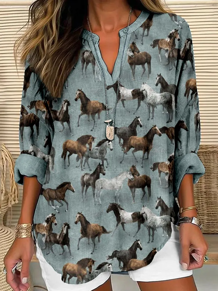 Western Wild Horses Pattern Linen Blend Cozy Tunic