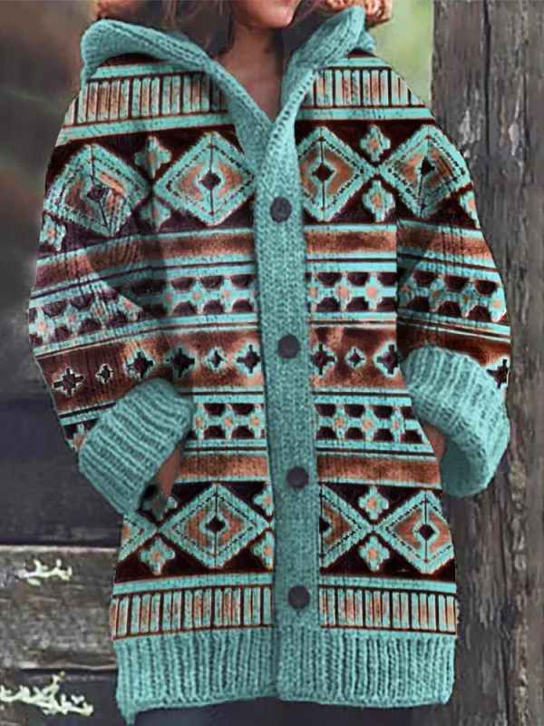 Embossed Leather Nava Turquoise Brown Women's Hooded Cardigan Sweater