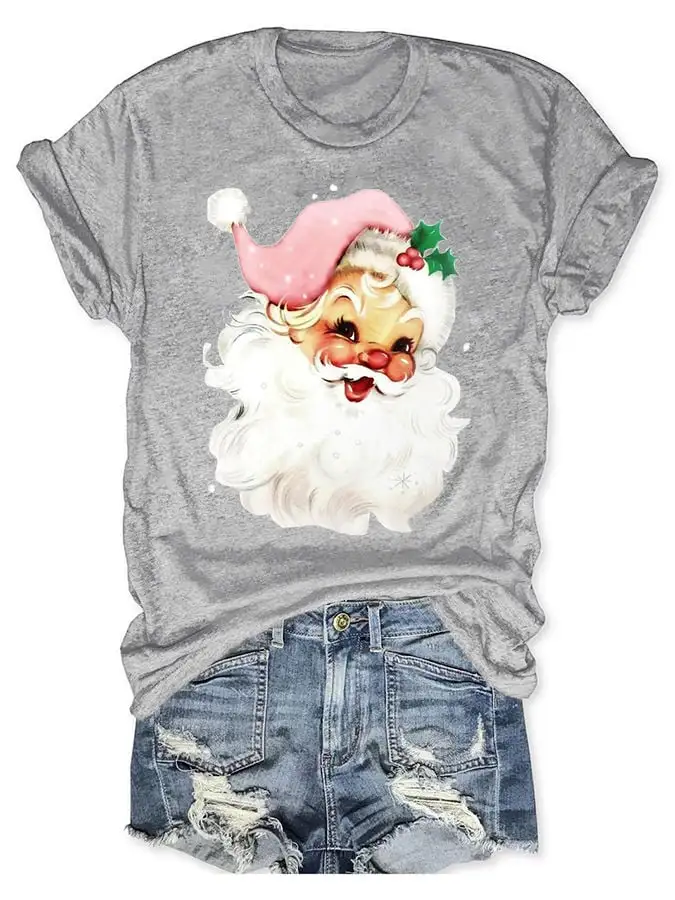 Christmas Retro Pink Santa Print T-Shirt