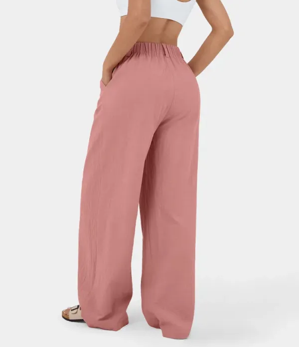 High Waisted Plicated Side Pocket Wide Leg Flowy Solid Palazzo Casual Pants