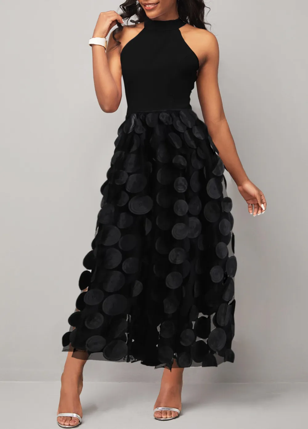 Round Neck Patchwork Black Sleeveless Maxi Dress