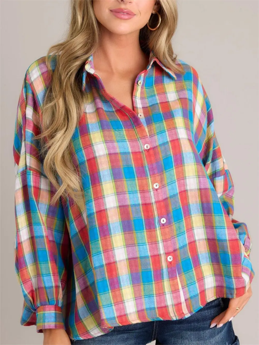 DOESN'T ADD UP BLUE MULTI PLAID TOP