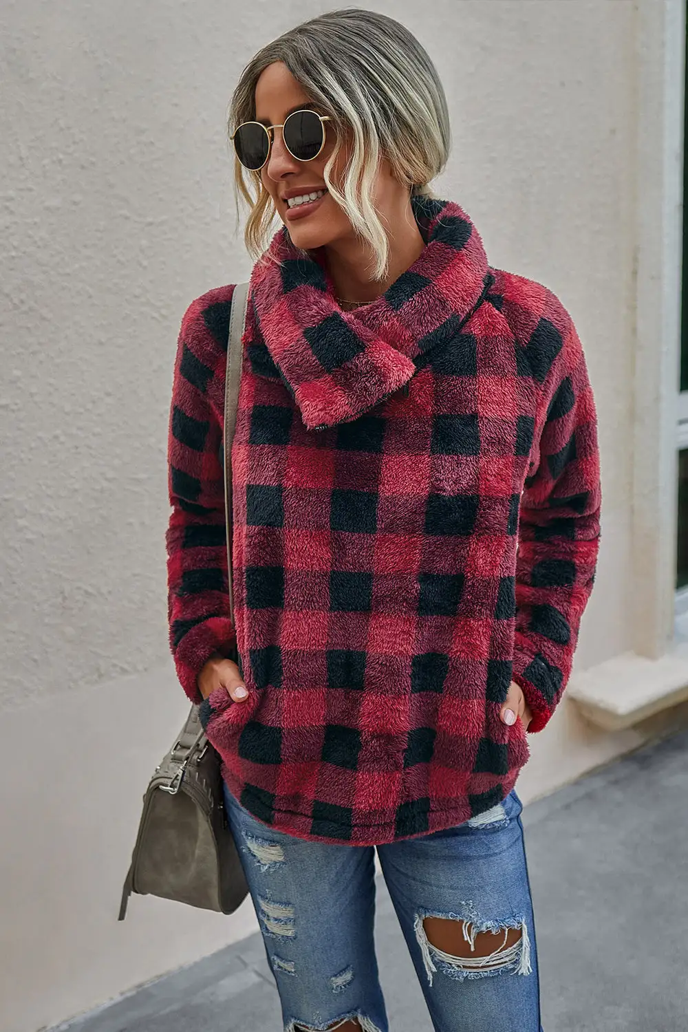 Plaid Diagonal Zipper Sweater