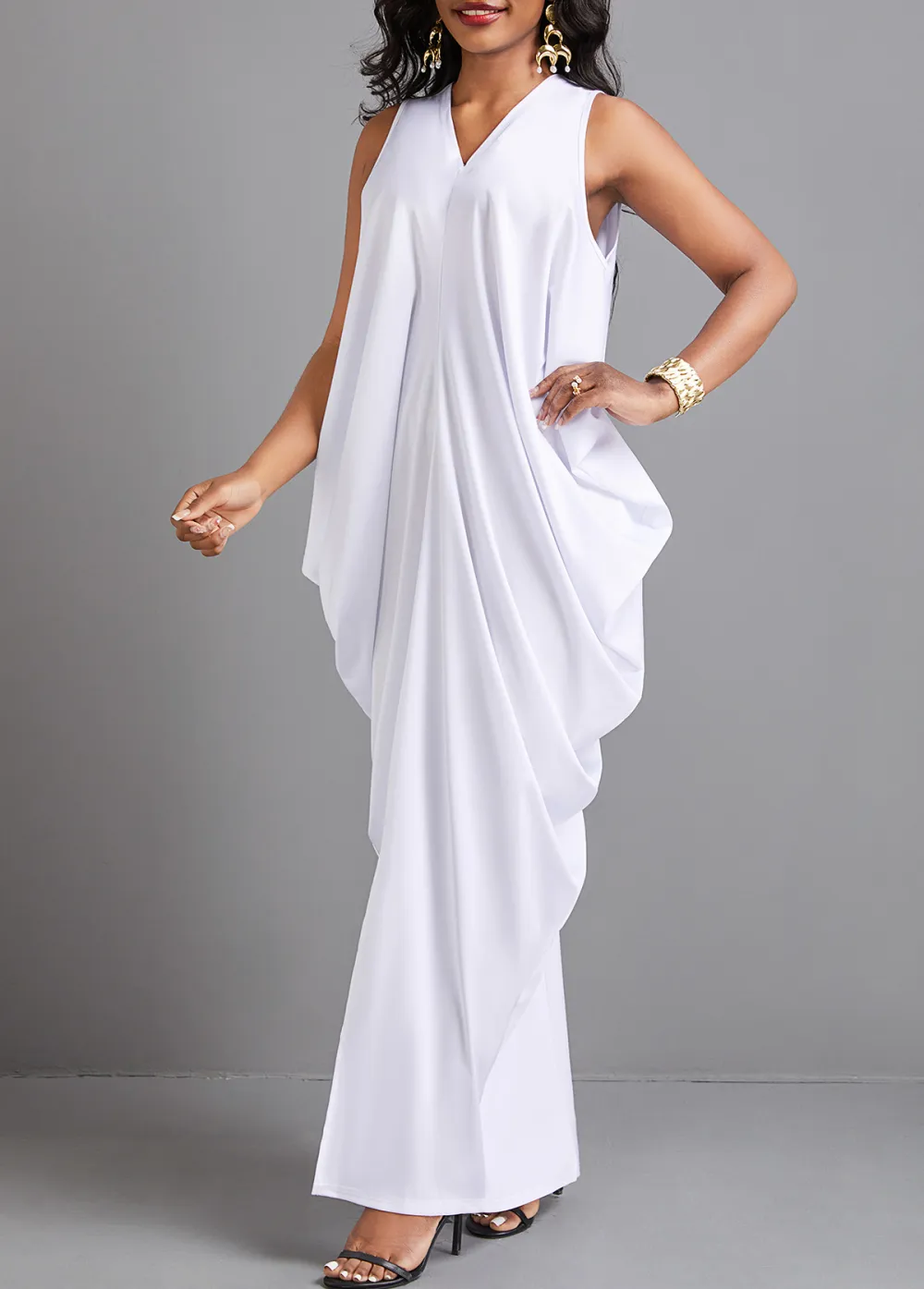 White O Shape V Neck Split Maxi Dress