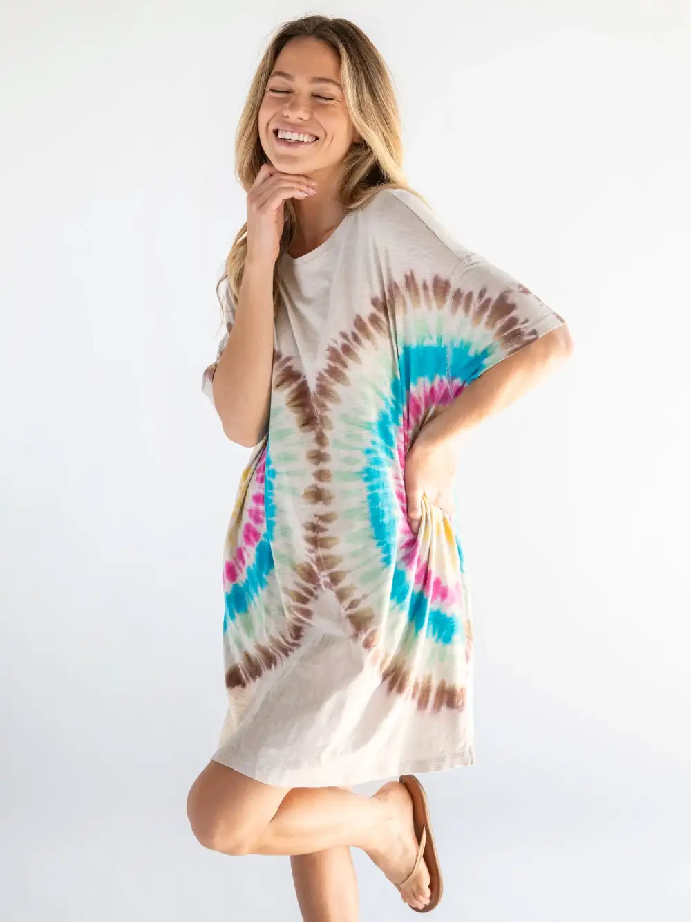 Misty Oversized Cotton Tee Mini Dress - Rainbow Tie-Dye