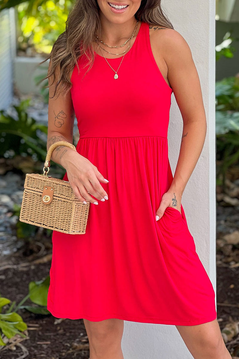 Red Racerback Short Dress With Pockets