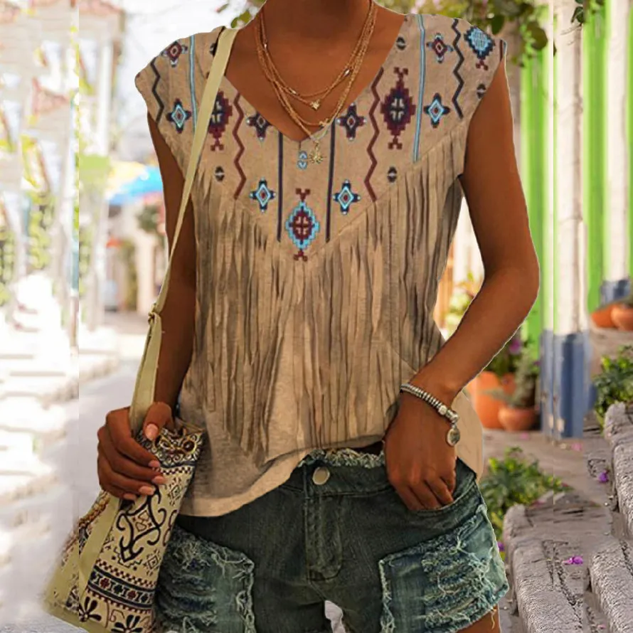 Vintage Western Fringe Print V-Neck Tank Top