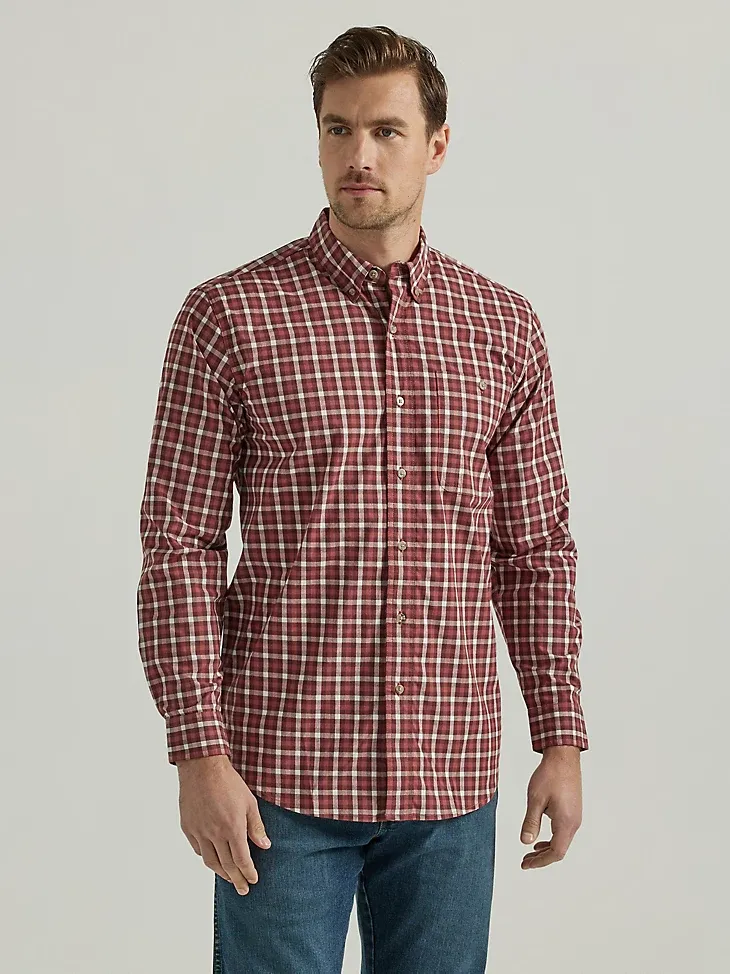 WRANGLER RUGGED WEAR® LONG SLEEVE WRINKLE RESIST PLAID BUTTON-DOWN SHIRT IN TEAL NAVY