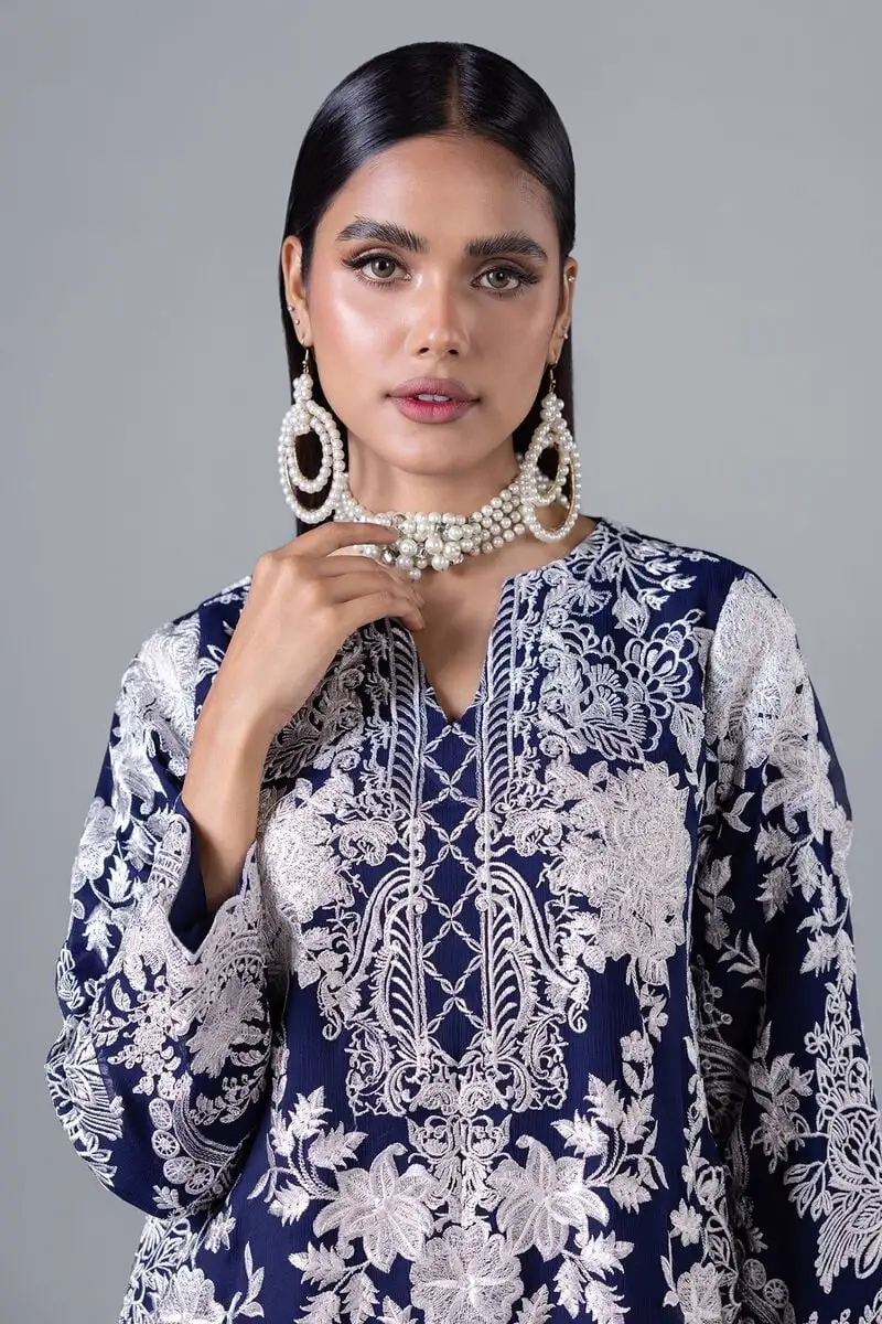 3 Piece Kurta Embroidered | Dupatta& Bottom & Tops | Color Navy blue