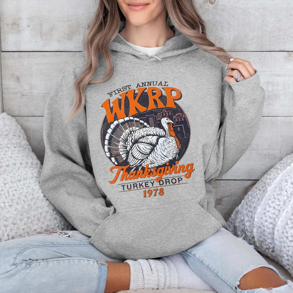 FIRST ANNUL WKRP THANKSING GIVING TURKEY DROP DESIGNED PATTERN PRINTED HOODIE