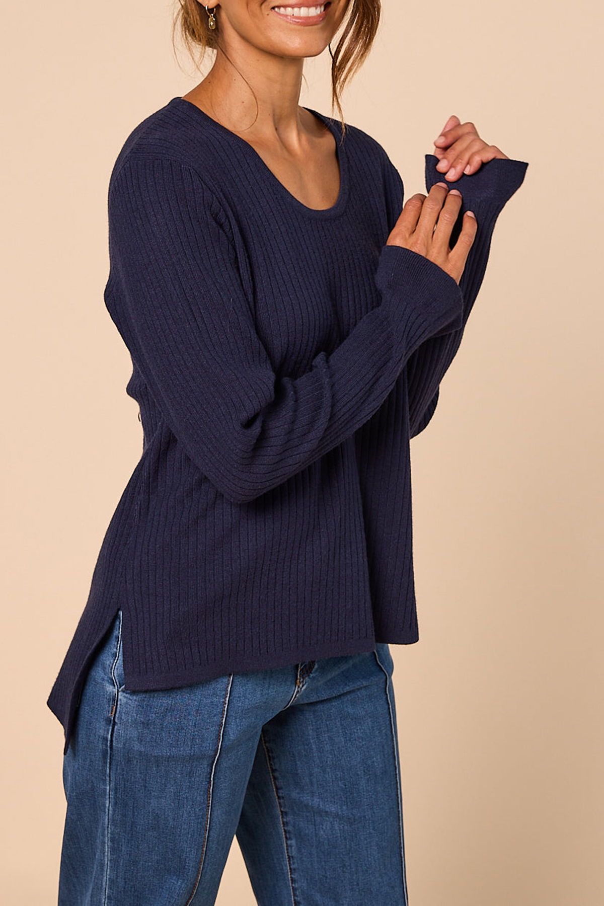 Long Sleeve Knitted Top In Navy