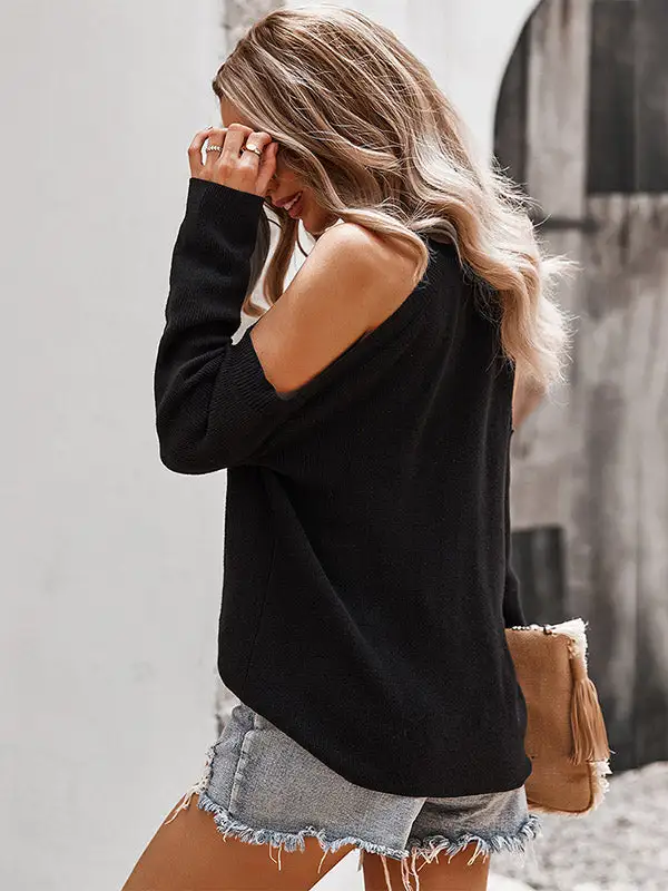 Casual Solid Color Round-Neck Cold Shoulder Long Sleeves Knitted Sweater