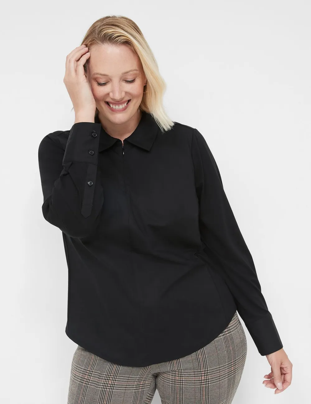 Collared Zip-Front Woven & Knit Top