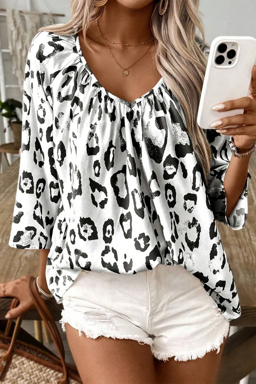 Khaki Leopard Print V Neck 3/4 Sleeve Blouse